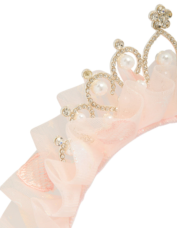 Showcasing kids pink ballerina tutu frill tiara headband with pearl in mixed metals detail view