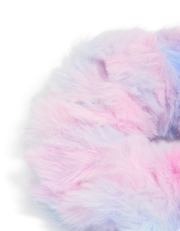 Designed with tie-dye print, kids ombre fluffy scrunchie in lightpink lightblue lavender and aqua detail view