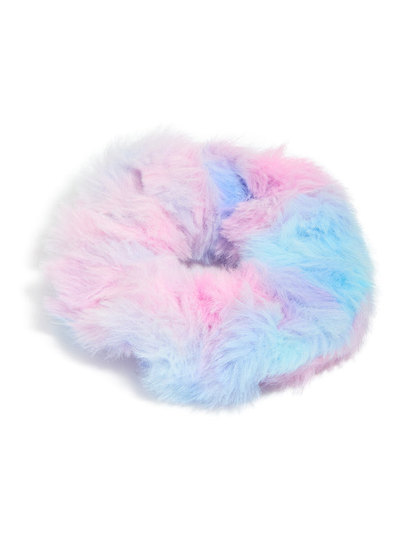 Kids ombre fluffy scrunchie featuring tie-dye print in lightpink lightblue lavender and aqua front view
