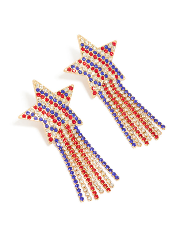 Showcasing gold red clear and blue diamante cup chain star drop earrings with celestial design featuring tassel and statement style front view