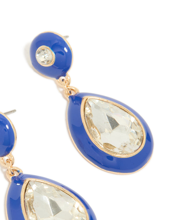 Gold Blue Enamel & Pear Clear Diamante Drop Earrings