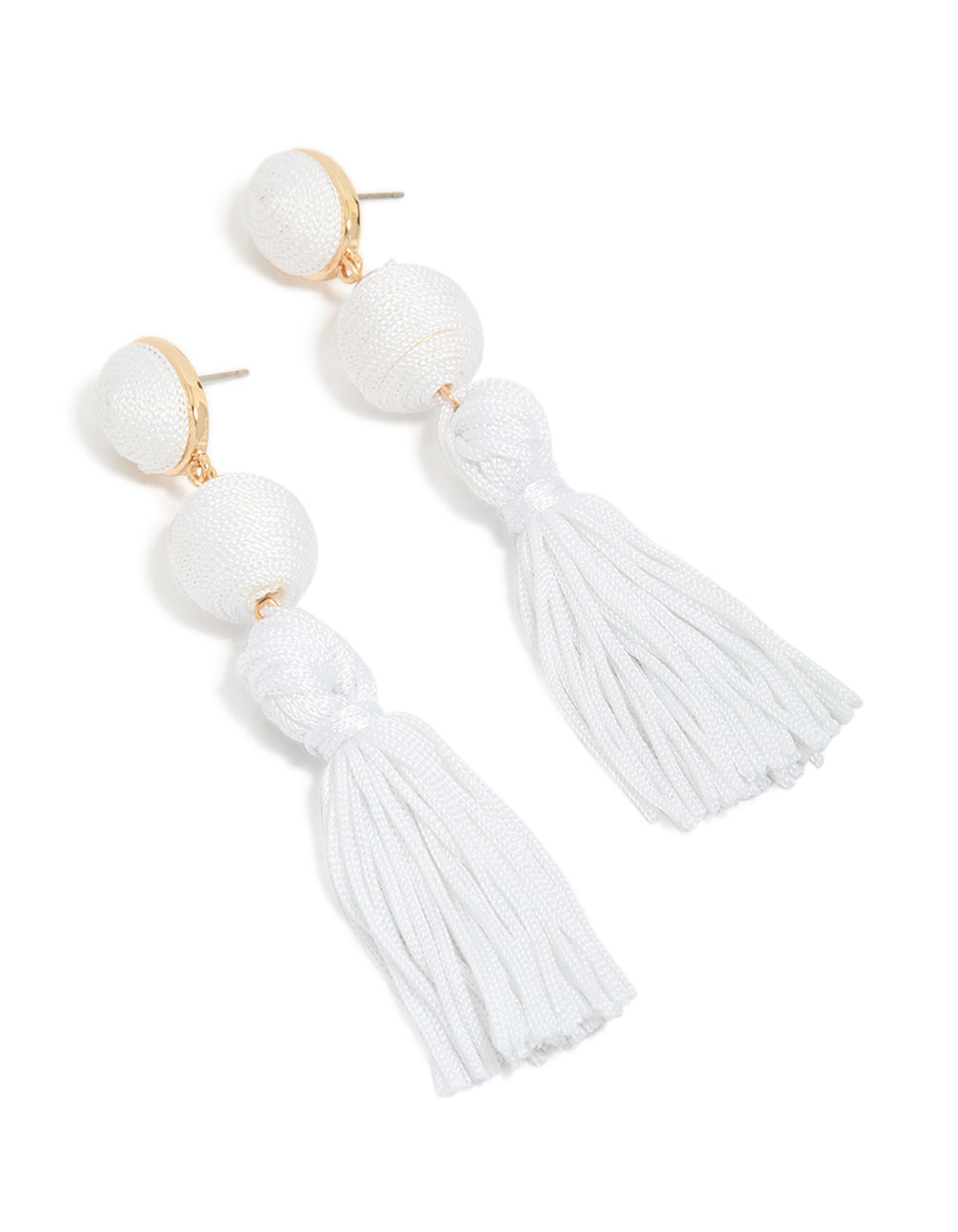 Beautifully crafted white fabric tassel drop earrings featuring statement style with gold accents front view