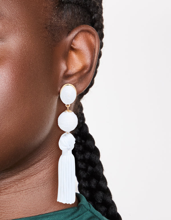 White Fabric Tassel Drop Earrings