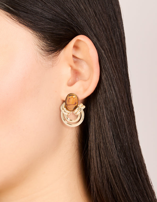 Gold Brown Stone & Double Lined Stud Earrings
