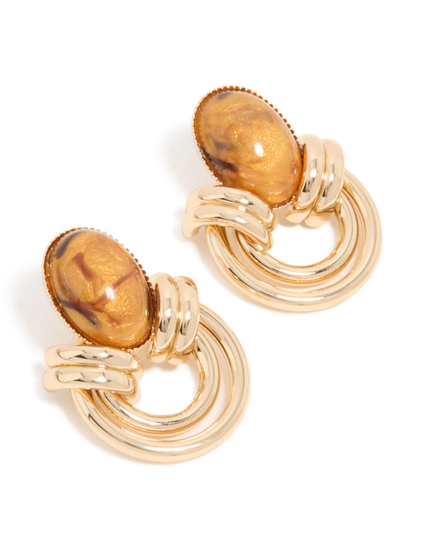 Showcasing gold brown stone and double lined stud earrings front view