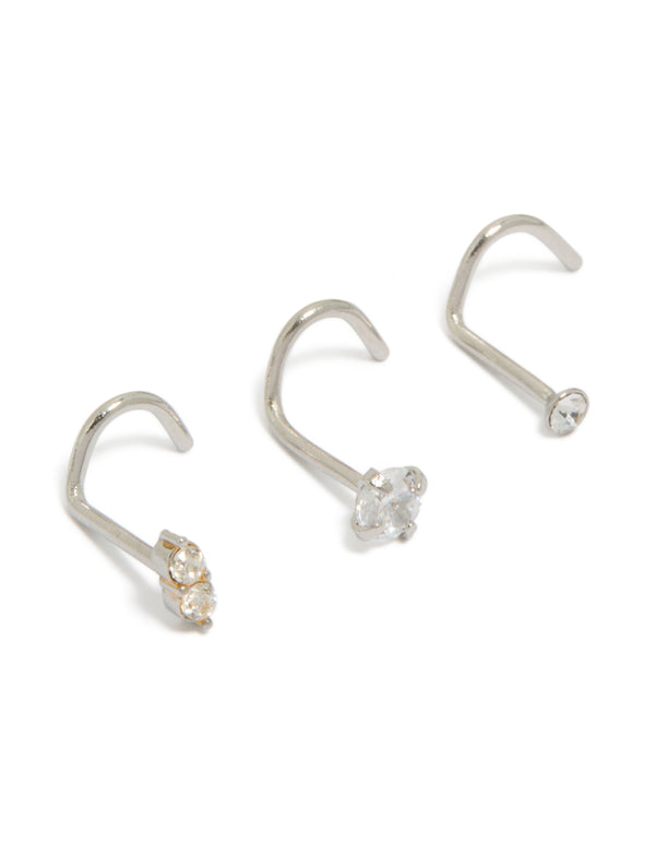 This surgical steel nose corkscrew studs 3-pack features cubic zirconia in silver and gold tones with crystal embellishments and stud closure front view