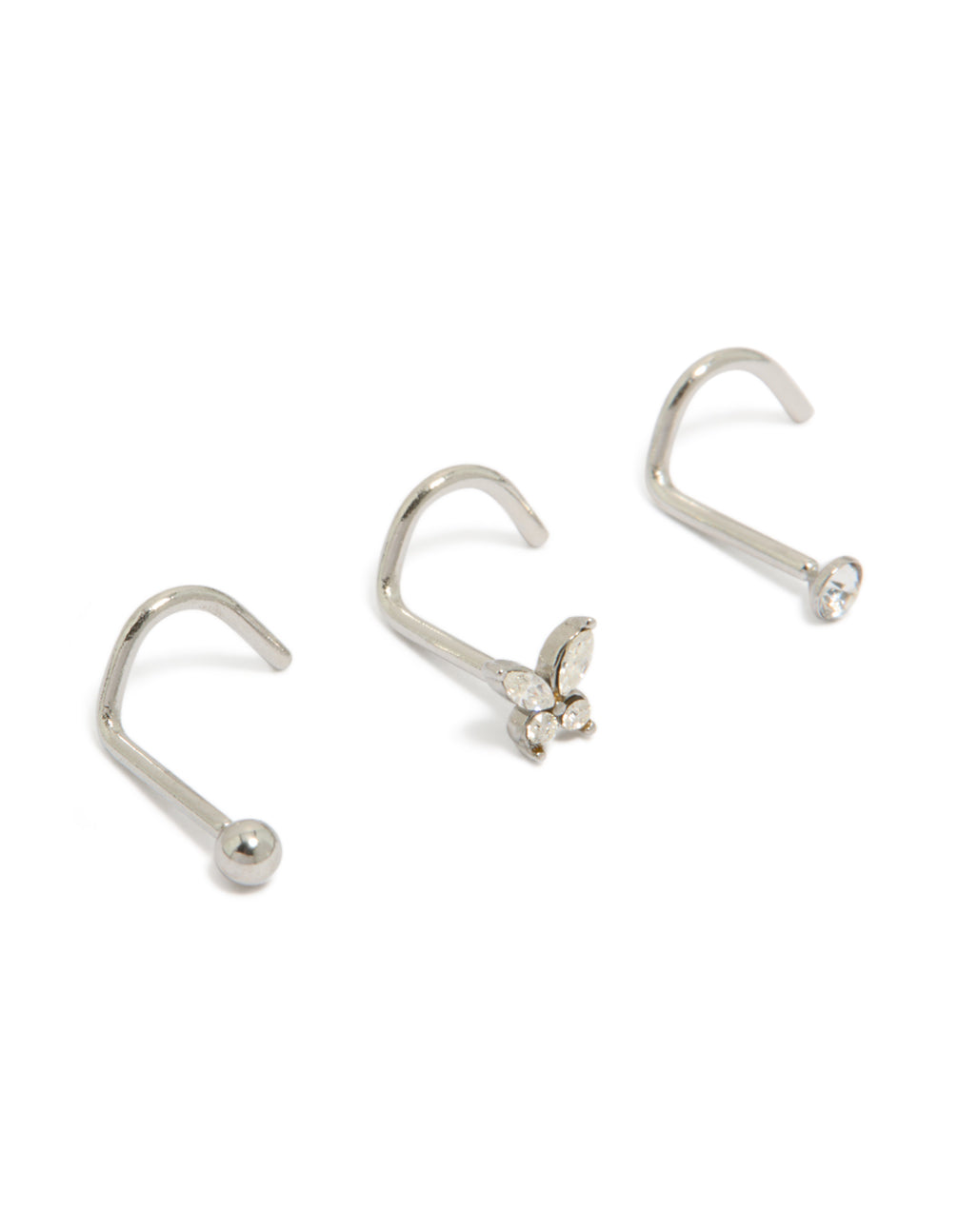Showcasing butterfly corkscrew nose studs with balls crafted from surgical steel and cubic zirconia in silver 3-pack front view