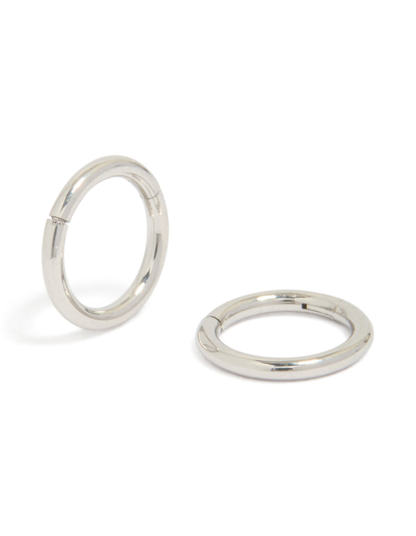 Showcasing chunky surgical steel 6 mm thick sleeper hoop earrings in silver front view