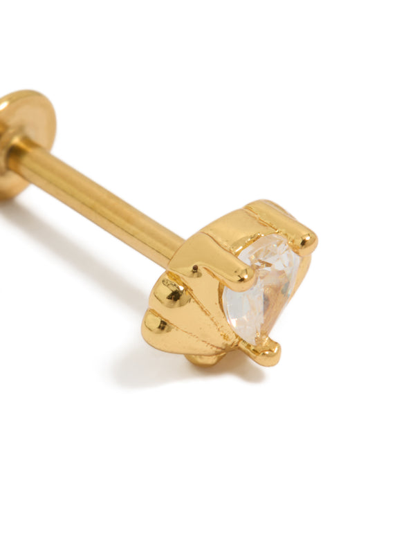 Showcasing single ocean shell design with cubic zirconia set in surgical steel and flat back stud closure in gold finish close up view