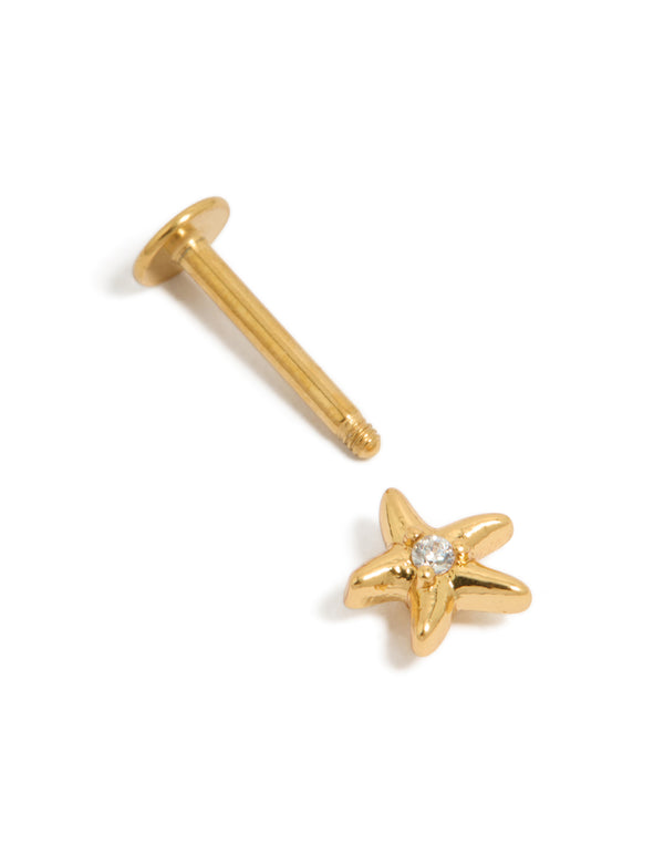 Crafted from gold plated surgical steel, this cubic zirconia starfish single flat back stud features ocean-inspired design with crystal details post detail view