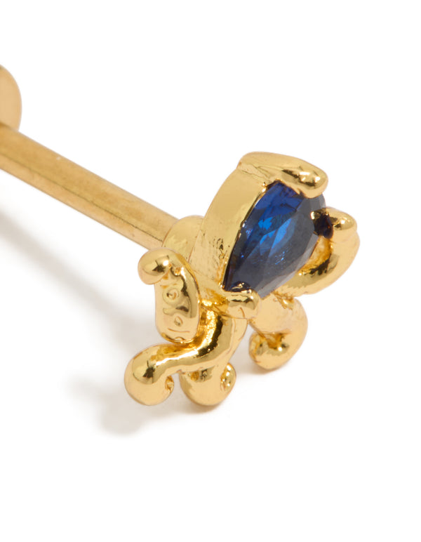 Gold Plated Surgical Steel Blue Cubic Zirconia Octopus Single Flat Back Stud