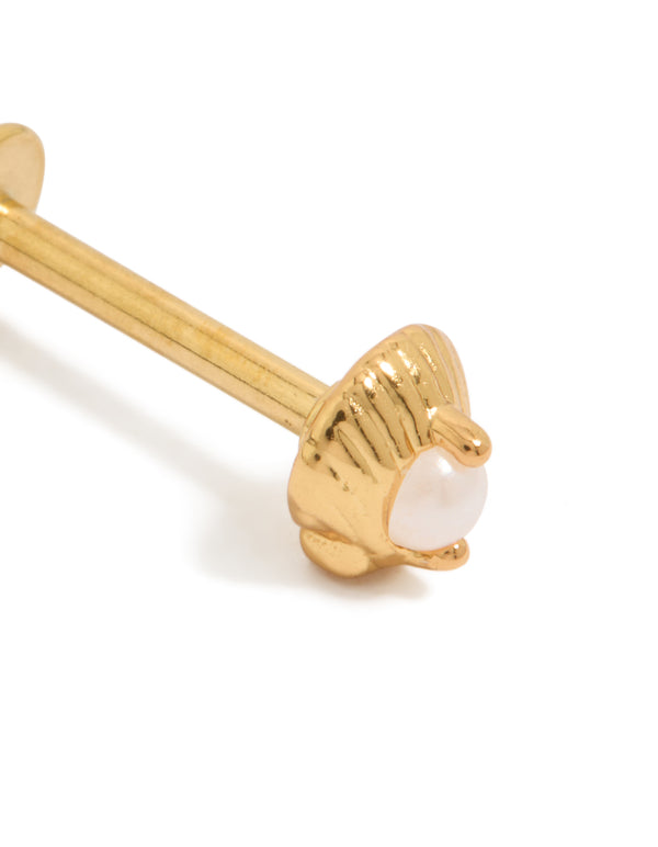 Showcasing gold plated surgical steel pearl shell single flat back stud with ocean-inspired design and seashell color close up view