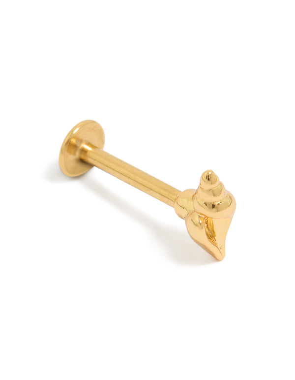 Showcasing a gold plated surgical steel miter shell single flat back stud with ocean inspired design in gold front view