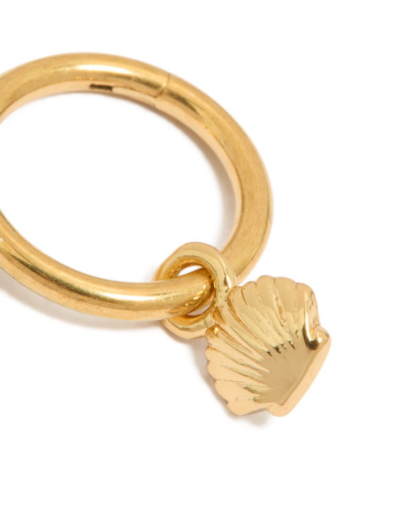 Featuring a gold plated surgical steel scallop shell charm clicker ring with ocean inspired hoop closure detail view