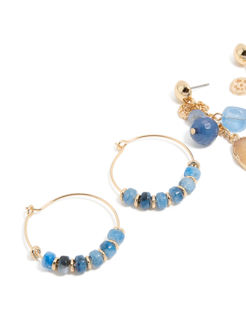 Crafted from gold with blue beaded details, this statement hoop and drop earring 3-pack offers charm-enhanced styling close up view
