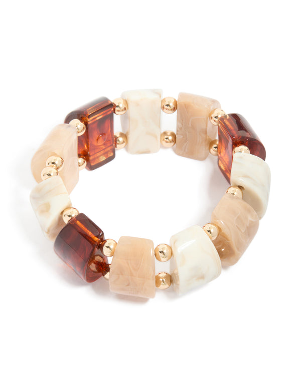 Brown & Cream Acrylic Beaded Stretch Bracelet