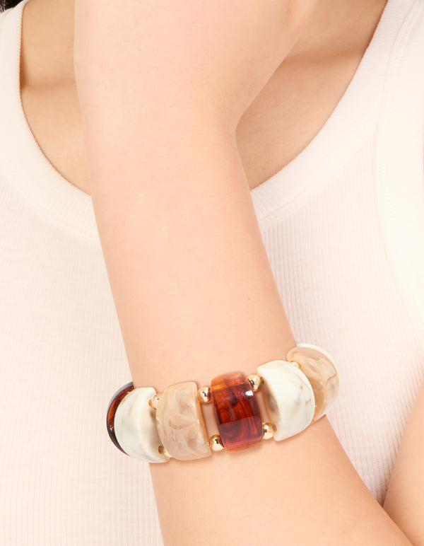 Brown & Cream Acrylic Beaded Stretch Bracelet
