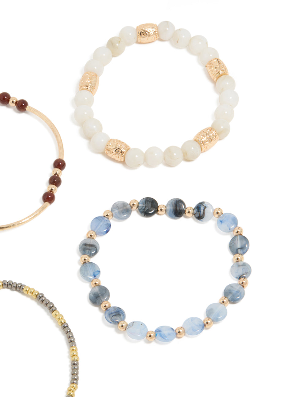 Featuring beaded stretch bracelets in blue, brown, gold, and ivory close up view