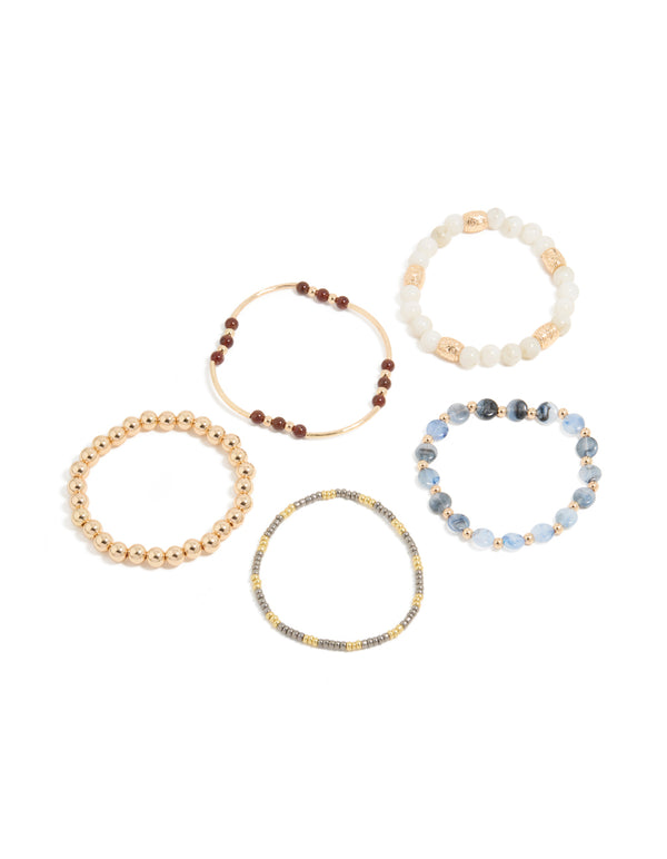 Showcasing a beaded stretch bracelet 5-pack in blue, brown, gold, and ivory front view