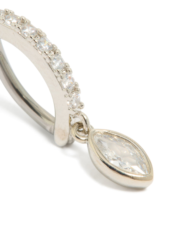 This surgical steel cubic zirconia circle drop belly ring showcases a charm detailing in silver and clear stone detail view