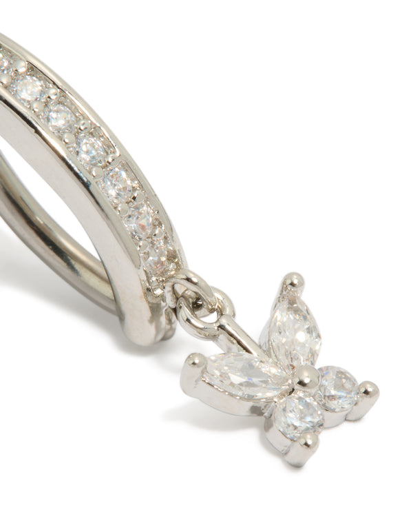Featuring a butterfly charm belly ring crafted from surgical steel with cubic zirconia in silver and clear stone detail view