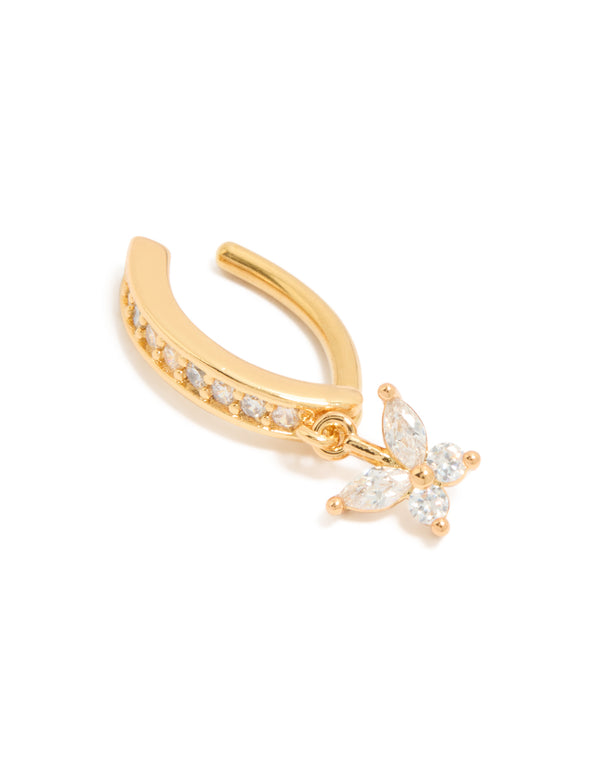This surgical steel belly bar features a gold plated finish with cubic zirconia butterfly charm detail view