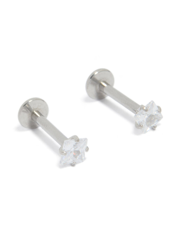 Designed with surgical steel 3 mm cubic zirconia square flat back studs featuring clear stones in a stud closure front view
