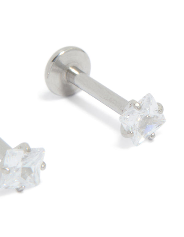 Featuring surgical steel 3 mm cubic zirconia square flat back studs with clear stones and stud closure post detail view