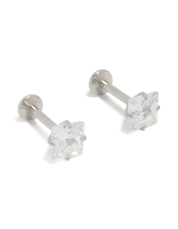 Showcasing 5 MM square cubic zirconia studs crafted from surgical steel with flat back closure front view