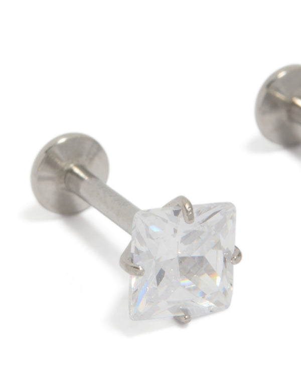 Presenting 5 MM square cubic zirconia studs made from surgical steel featuring flat back closure close up view