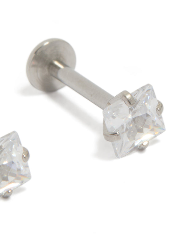 Exquisitely designed 4 MM square cubic zirconia flat back studs in surgical steel post detail view