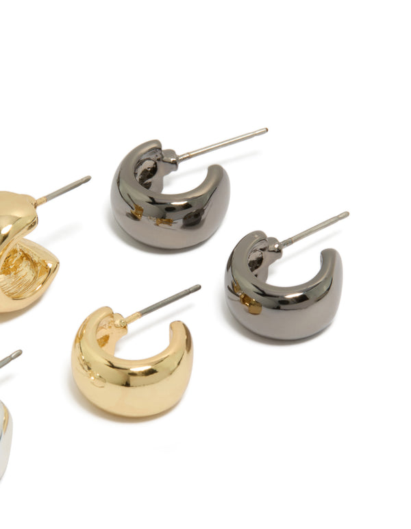 Crafted from mixed metal plated small round open hoop earrings in a 3-pack with gold and silver tones, hoop closure post detail view