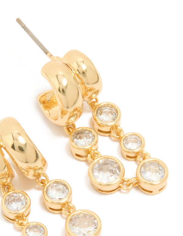 Gold Plated Cubic Zirconia Bezel Double Hoop Drop Earrings