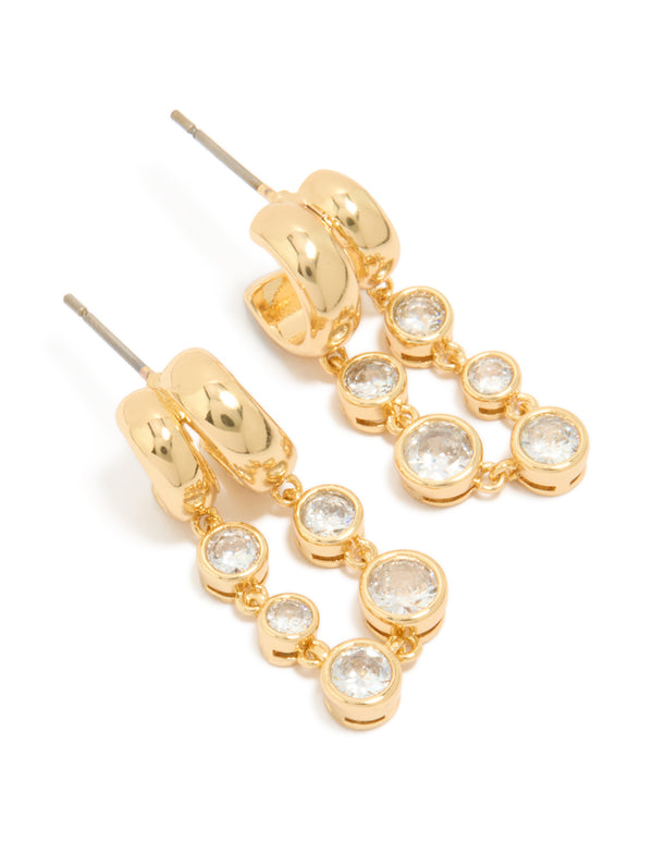 Gold Plated Cubic Zirconia Bezel Double Hoop Drop Earrings