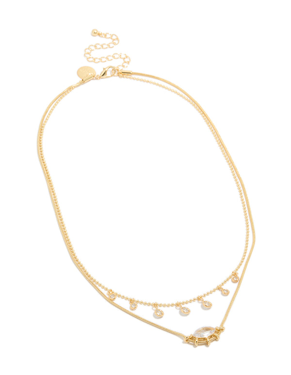 Gold Plated Cubic Zirconia Mini Oval & Droplets Charm Necklaces 2-Pack