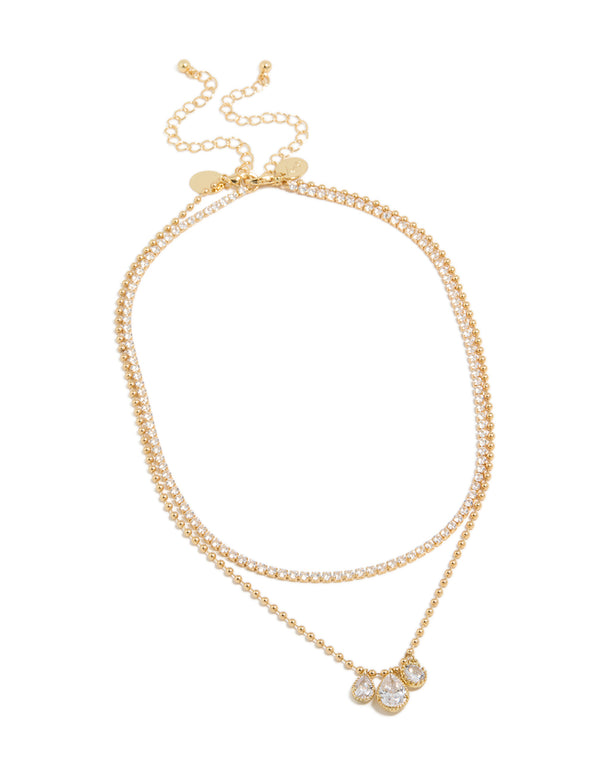 Gold Plated Cubic Zirconia Tennis & Droplets Layered Necklace