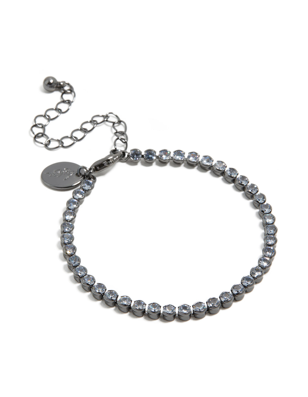 This gunmetal silver plated cubic zirconia circle tennis bracelet front view