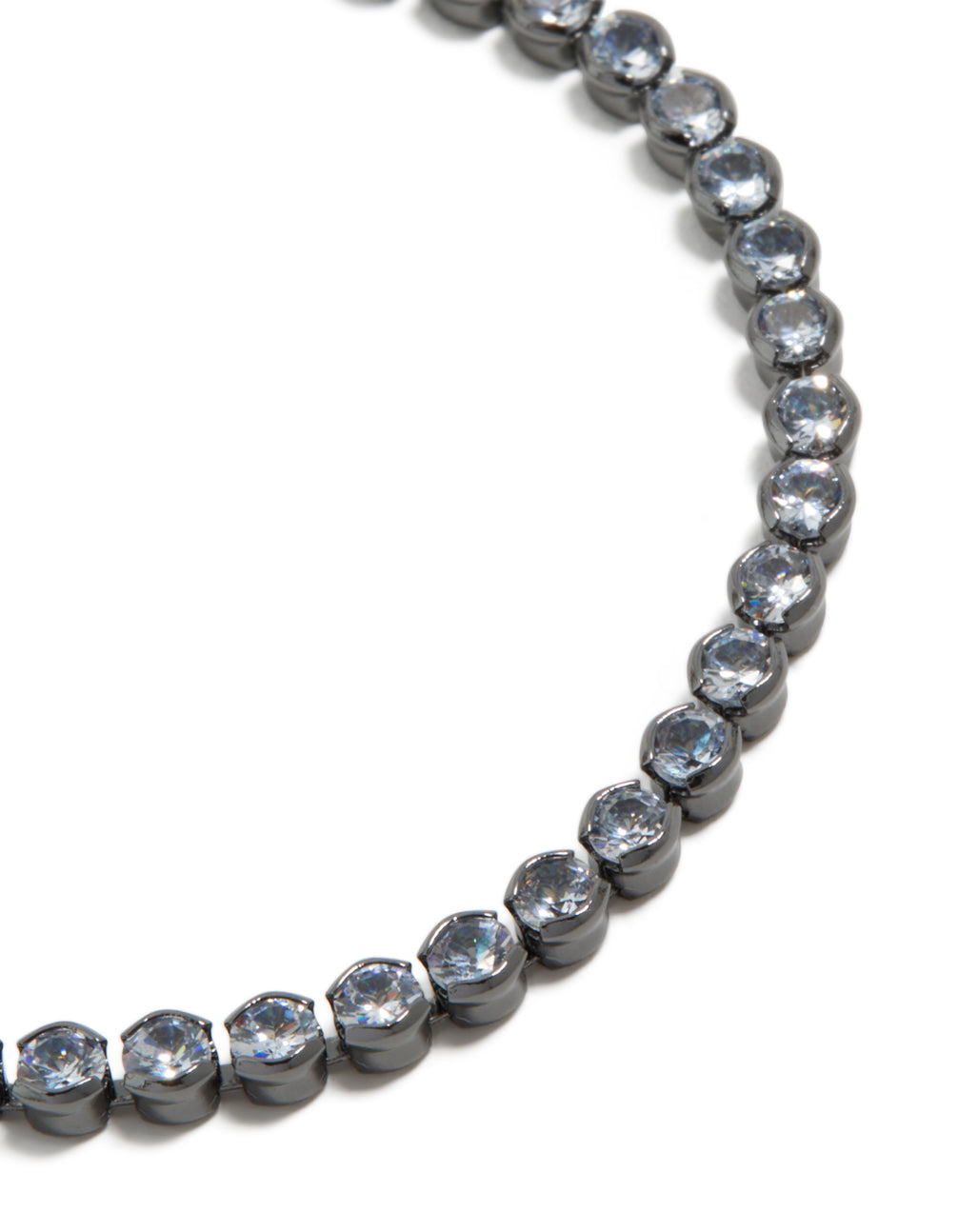 Featuring gunmetal silver plated cubic zirconia circle tennis bracelet close up view