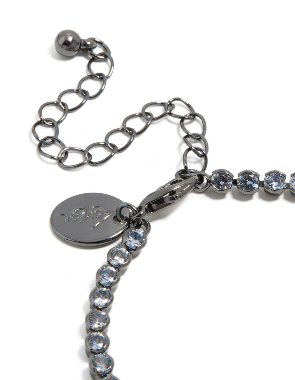 Explore this gunmetal silver plated cubic zirconia circle tennis bracelet closure detail view