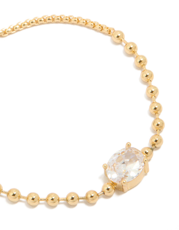 Gold Ball & Cubic Zirconia Oval Toggle Chain Bracelet