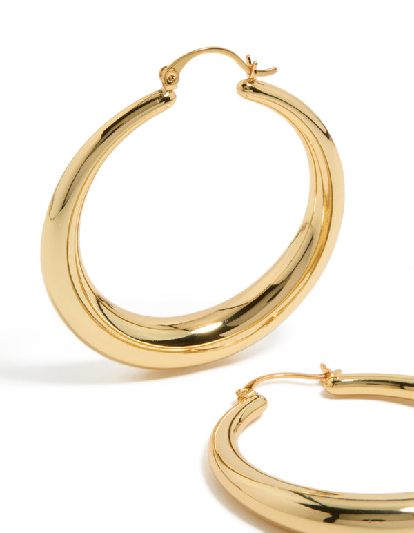 Designed with gold plated material, thick thin hoop earrings featuring closure close up view