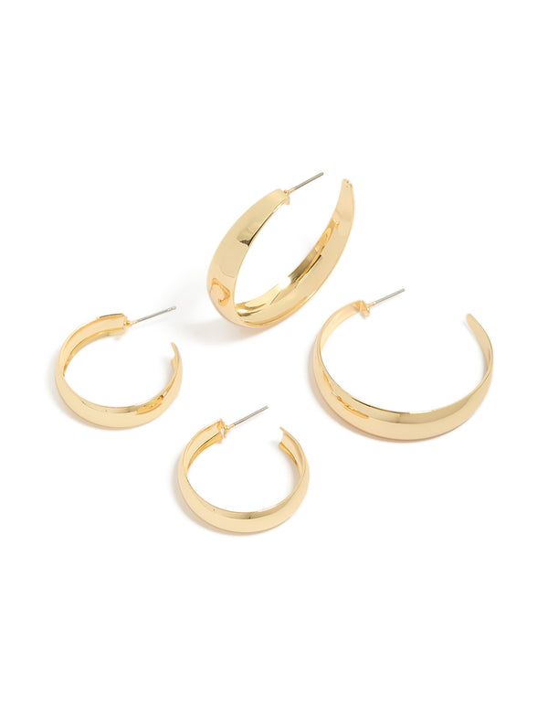Presenting gold plated medium and large hoop earrings in a 2-pack front view