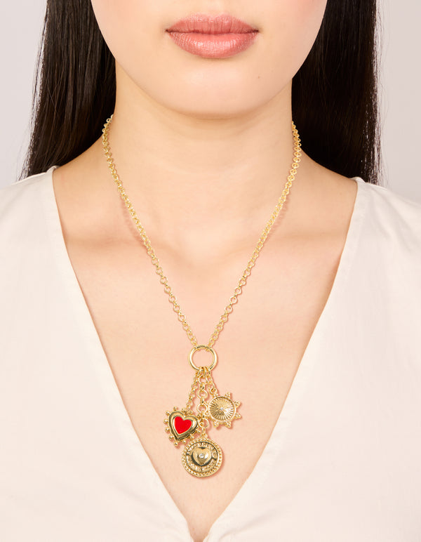Gold Plated Diamante Disc & Red Heart Charm Necklace