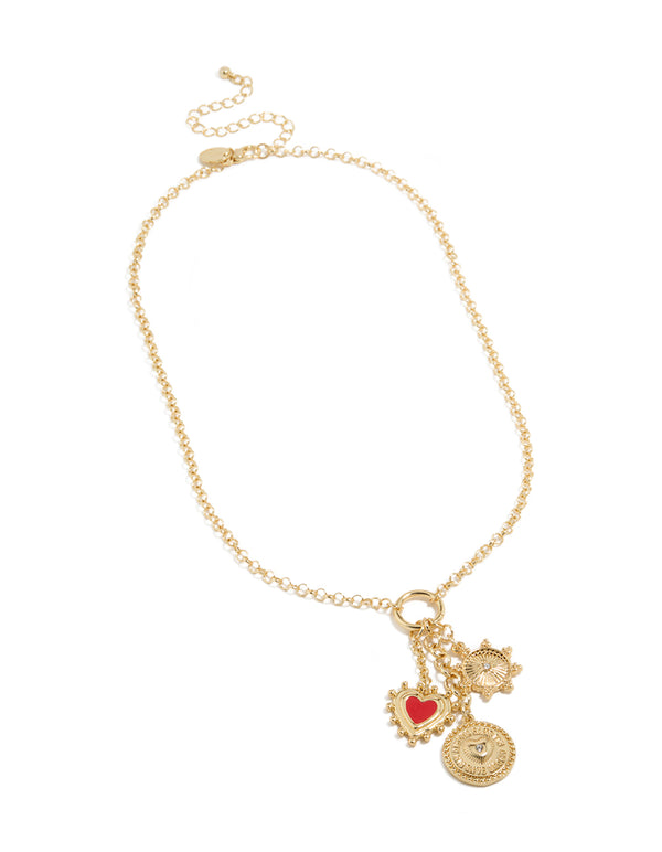 Gold Plated Diamante Disc & Red Heart Charm Necklace