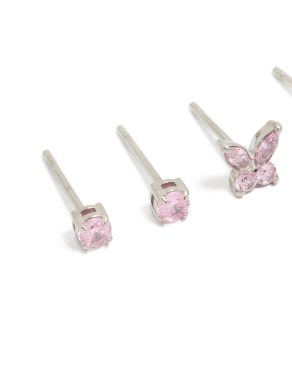 Kids Surgical Steel Bow & Circle Cubic Zirconia Stud Earrings 2-Pack