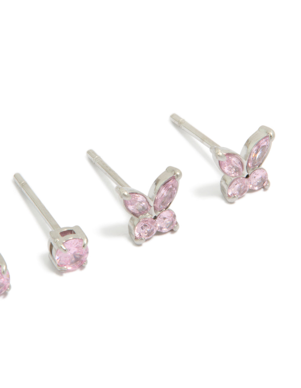 Showcasing kids butterfly stud earrings with cubic zirconia, crafted from surgical steel in pink and silver, 2-pack post detail view
