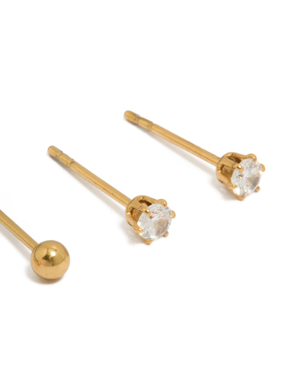 Designed with kids gold plated surgical steel ball and cubic zirconia stud earrings in a 2-pack, showcasing post detail view