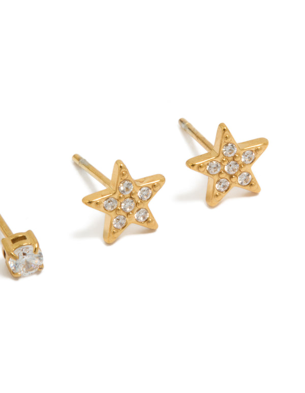 Kids Surgical Steel Cubic Zirconia & Star Stud Earrings 2-Pack