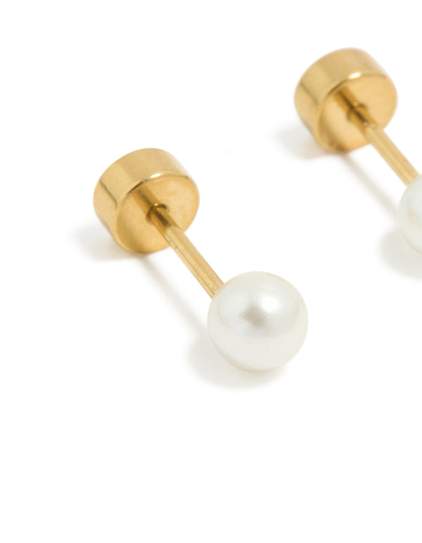 Kids surgical steel pearl flat back studs with white and gold close up view