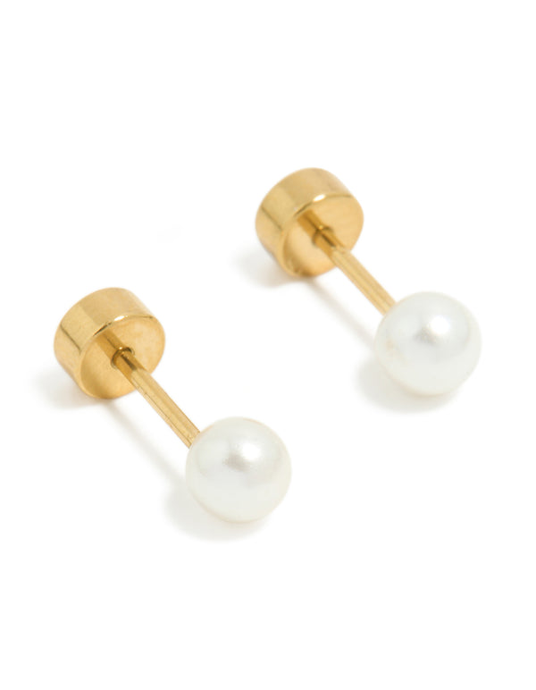 Beautifully crafted kids surgical steel pearl flat back studs featuring white and gold front view